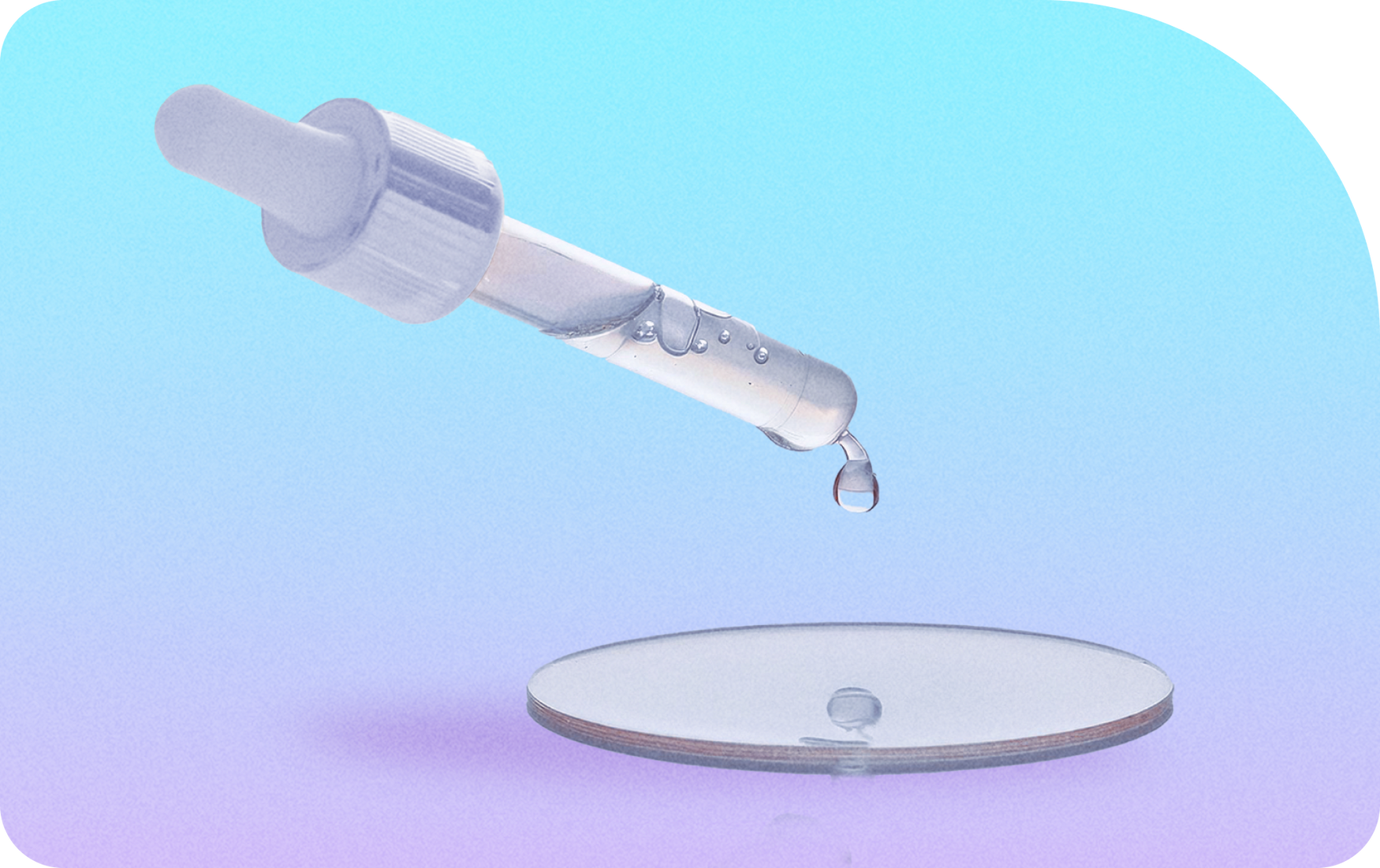 A 3D dropper with a drop of product coming out of the end, pooling beneath the dropper.
