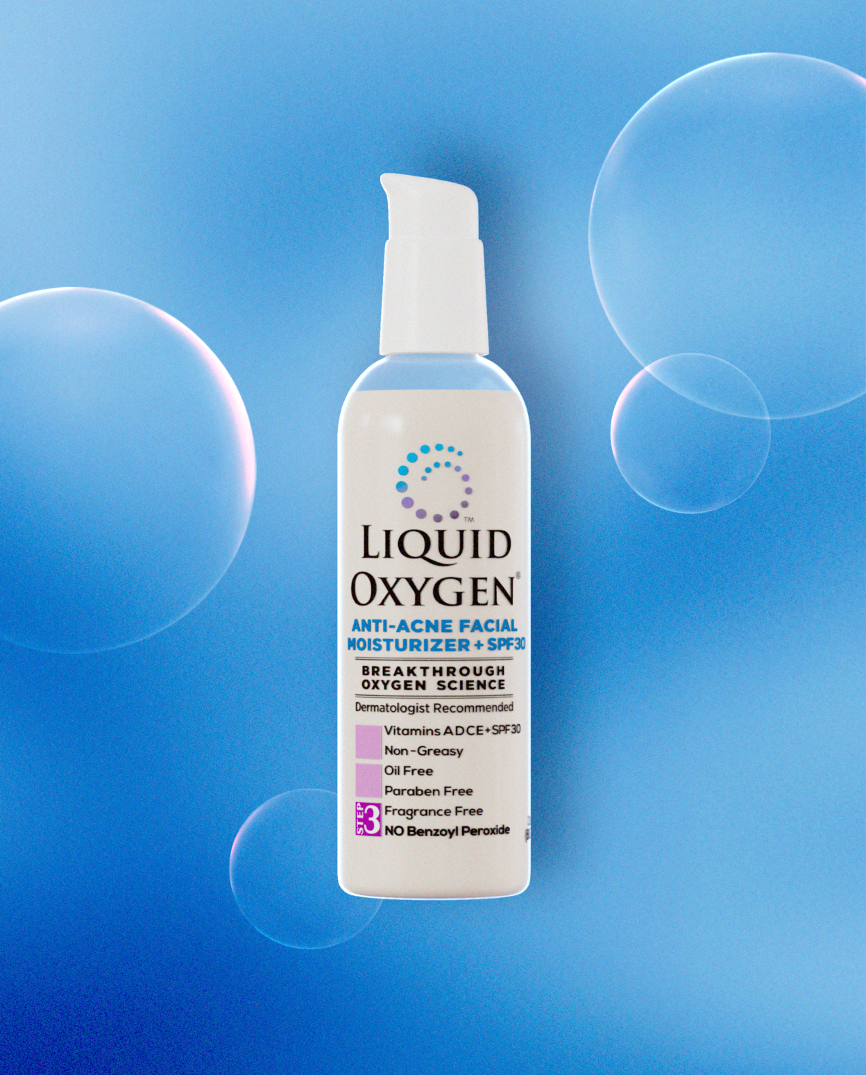 Bottle of Liquid Oxygen Anti-Acne Facial Moisturizer with SPF-30